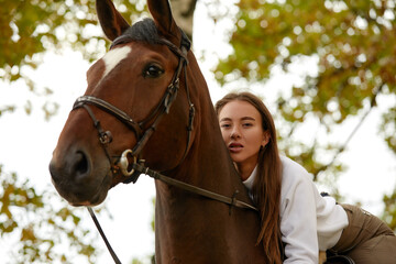 Beautiful brunette on a horse on the background of an autumn landscape. Horseback riding, active horseback riding