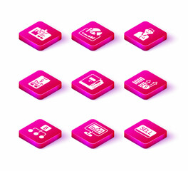 Set Blockchain technology Bitcoin, Computer with growth graph, Mobile stock trading, Office folders, Sell button, Financial and dollar, Trader and Stocks market graphs icon. Vector