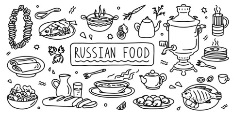 Russian cuisine, food. Simple doodle outline style. Raster stock black and white illustration.