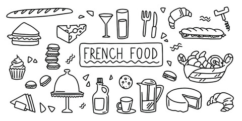 French cuisine, food. Simple doodle outline style. Vector stock black and white illustration.