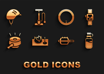 Set Bicycle on street ramp, Smart watch, Sport bottle with water, pedal, bell, wheel, helmet and air pump icon. Vector