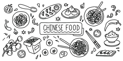 Chinese food. Simple doodle outline style. Vector stock black and white illustration.