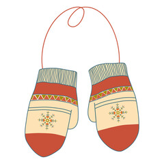 Pair of winter mittens isolated on white background. Vector illustration in boho style. Warm mitten icon. Christmas greeting card with mittens.
