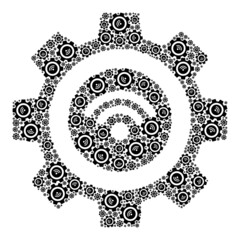 Vector wifi smart gear icon collage. Wifi smart gear collage is designed of random recursive wifi smart gear elements. Recursion mosaic of wifi smart gear icon.