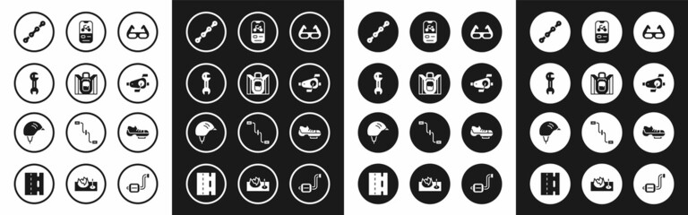 Set Sport cycling sunglasses, Hiking backpack, Wrench spanner, Bicycle chain, pedals, rental mobile app, shoes and helmet icon. Vector