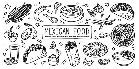 Mexican cuisine, food. Simple line doodle outline style. black and white illustration.