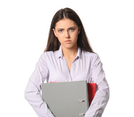 Sad teenage girl with folders on white background