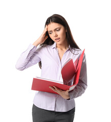 Upset teenage girl with open red folder on white background