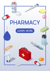 Pharmacy Poster. Vector illustration for medical flyer, booklet, leaflet print, cover design with isometric icons.