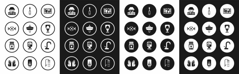 Set Test tube with water drop, Washbasin, Industry pipe and valve, Water supply pipes, Toilet bowl, Screwdriver, tap and Laundry detergent icon. Vector