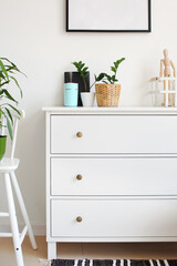 Modern humidifier and houseplants on chest of drawers near light wall