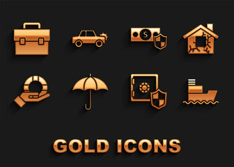 Set Umbrella, House, Ship, Safe with shield, Lifebuoy in hand, Money, Briefcase and Car icon. Vector