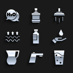 Set Bottle of water, Water tap, Glass with, Washing hands soap, Jug glass, Waves evaporation, Shower and Chemical formula for H2O icon. Vector