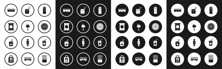 Set Doner kebab, Ice cream in bowl, Bag or packet potato chips, Sushi, Pizza, Asian noodles and chopsticks, Paper glass with straw and icon. Vector