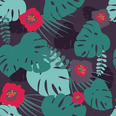 Behang naadloos patroon. Monstera bladeren, bloemen. Tropic groen naadloos patroon op witte achtergrond. Vector illustratie. © Yuliia