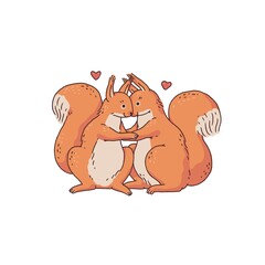 Red couple loving squirrels with hearts. Cartoon outline sketch illustration of cute animal character.