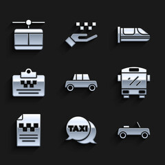 Set Car, Taxi call telephone service, Bus, driver license, High-speed train and Cable car icon. Vector