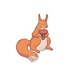 Red squirrel with . Cartoon outline sketch illustration of cute animal character.