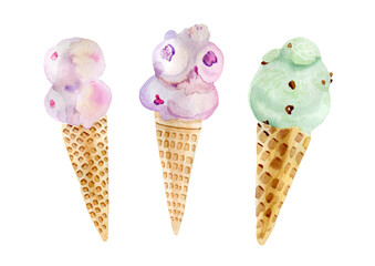 watercolor food illustration ice cream in a waffle cone by hand