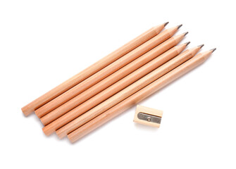 Ordinary pencils and sharpener isolated on white