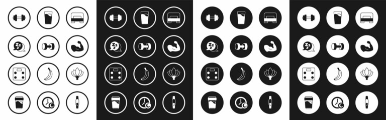 Set Big bed, Dumbbell, Sleepy, Bodybuilder muscle, Glass with water, Lotus flower and Bathroom scales icon. Vector