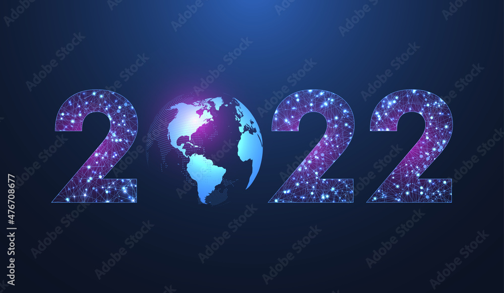 Leinwandbilder Modern futuristic technology template illustration for Merry Christmas and Happy New Year 2022 with connected lines and dots. Plexus geometric effect. Global network connection.