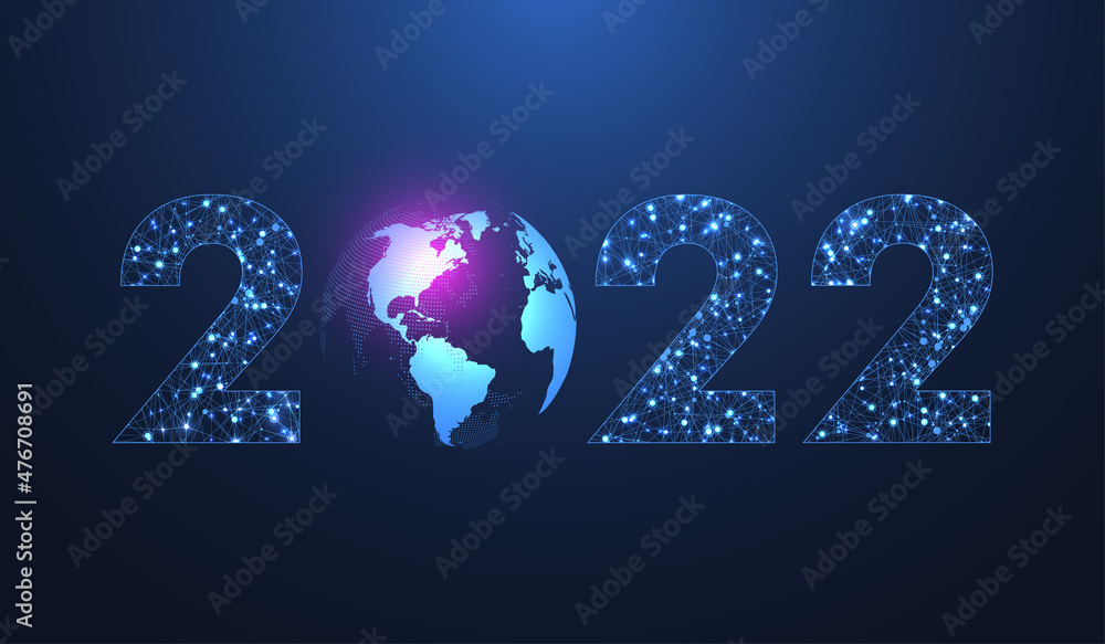 Leinwandbilder Modern futuristic technology template illustration for Merry Christmas and Happy New Year 2022 with connected lines and dots. Plexus geometric effect. Global network connection.