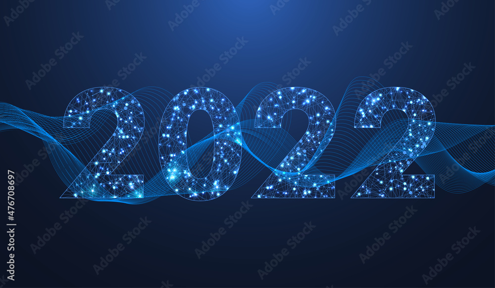Leinwandbilder Modern futuristic technology template illustration for Merry Christmas and Happy New Year 2022 with connected lines and dots. Plexus geometric effect. Global network connection.