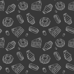 Seamless pattern of cupcakes, cake slices, donuts and macaroni cakes. Black and white style without background, with graphite backing. Hand drawing and doodle style