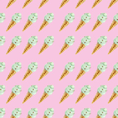 watercolor by hand ice cream in a cone peaceful pink background seamless pattern for fabric