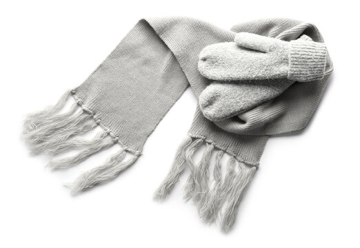 Warm Mittens And Scarf On White Background