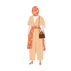 Modern Muslim woman in hijab and trendy fashion outfit. Arab female wearing headscarf. Oriental Arabian person in stylish clothes and headwear. Flat vector illustration isolated on white background