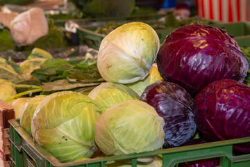 Fototapeta na wymiar Nahaufnahme von verschiedenen Gemüsesorten am Marktstand