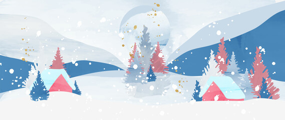 Fototapeta na wymiar Winter background vector. Hand painted watercolor drawing for Christmas and Happy New Year season. Background design for invitation, cards, social post, ad, cover, sale banner and invitation.