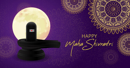 Maha Shivratri with Shivling, Lingam, Moon and Mandala Traditional Hindu Festival Poster. Website header. Banner Design Template Vector Illustration