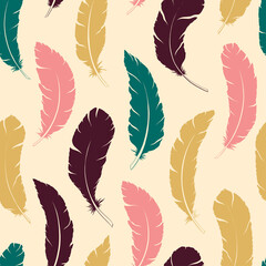 Seamless pattern Tribal silhouette Feathers decoration. Ethnic boho style hand drawing.