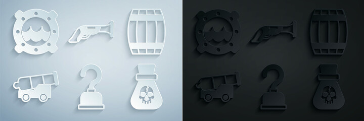 Set Pirate hook, Wooden barrel, Cannon, coin, Vintage pistol and Ship porthole with seascape icon. Vector