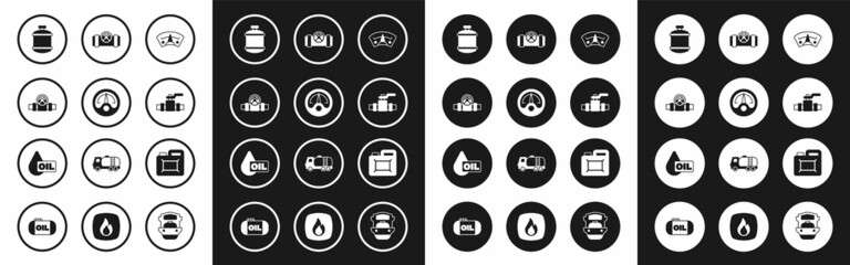 Set Motor gas gauge, Metallic pipes and valve, Propane tank, Canister for motor oil and Oil drop icon. Vector