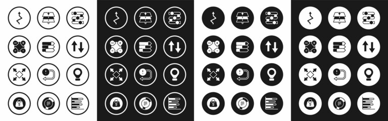 Set Graph, chart, diagram, Pie infographic, Infographic element, Arrow, Layers, Location and Many ways directional arrow icon. Vector