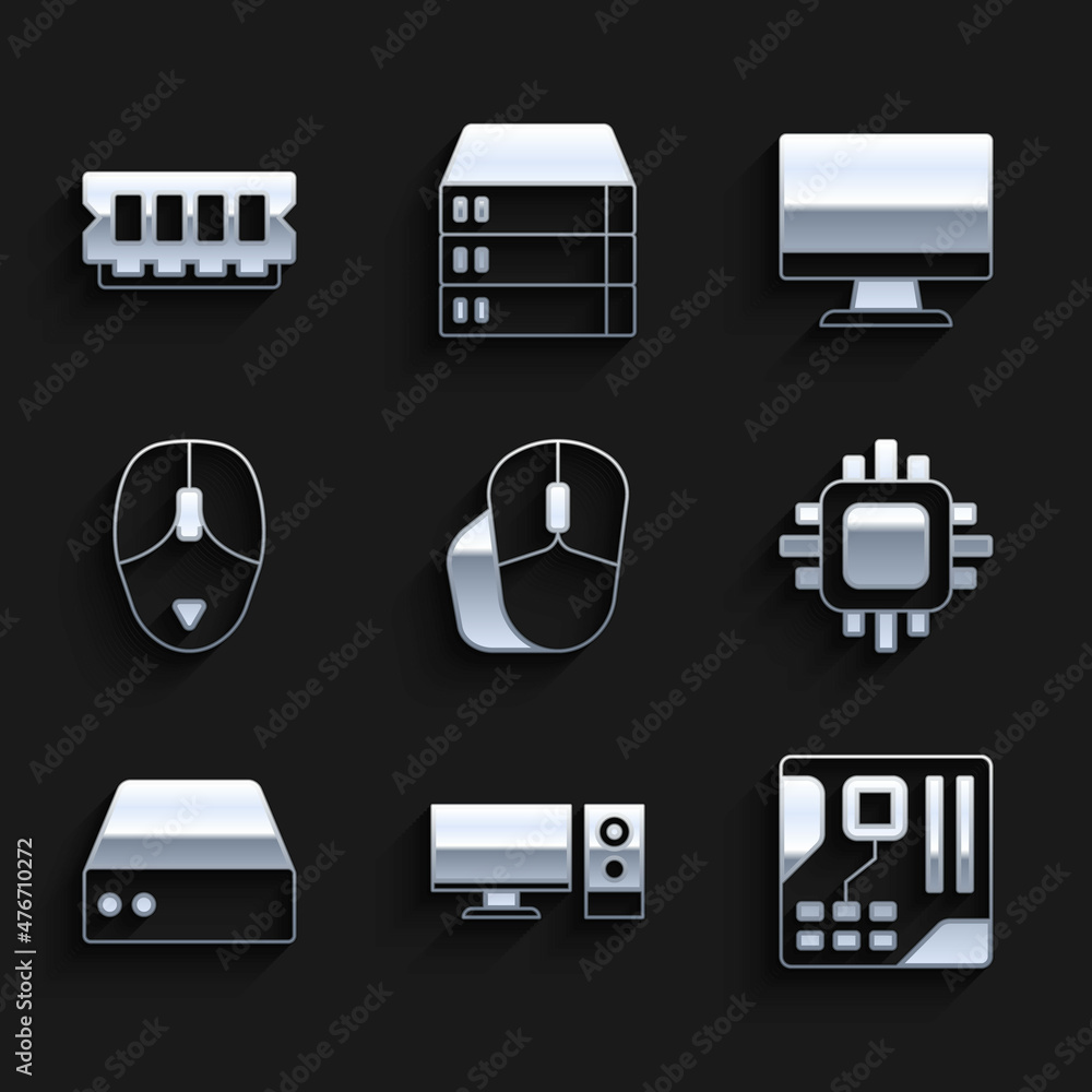 Poster set computer mouse, monitor, motherboard digital chip, processor with cpu, server, data, web hosting