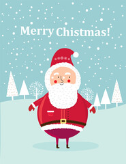 New year card with santa claus in the winter forest. Vector graphics in scandinavian style