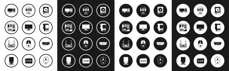 Set Hard disk drive HDD, Computer monitor screen, Motherboard digital chip, SD card, Web camera, RAM, random access memory and Router wi-fi signal icon. Vector