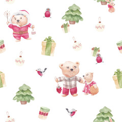 watercolor seamless pattern. Funny teddy bears celebrate the new year, decorate the Christmas tree.