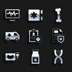 Set Patient record, Medicine bottle and pills, DNA symbol, Ultrasound, Ambulance car, Human broken bone and Monitor with cardiogram icon. Vector