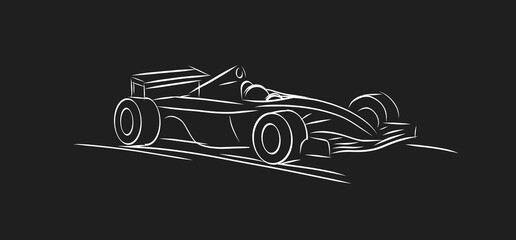 Linear sketch illustration of a bolide racing car, white line on black backdrop - obrazy, fototapety, plakaty