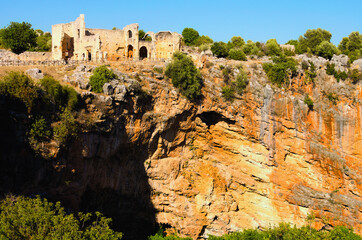 Kizkalesi,Turkey-October 11,2021:Amazing panoramic landscape view of the ruins of antique cathedral...
