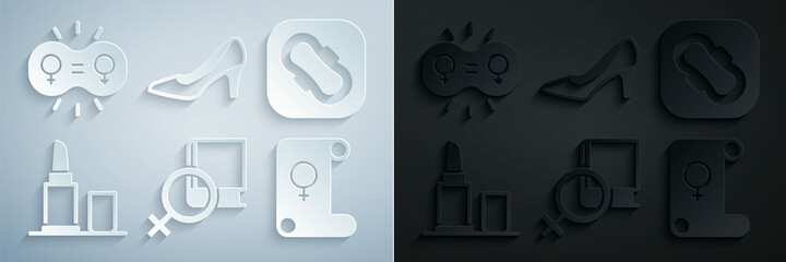 Set Book about women, Sanitary napkin, Lipstick, Feminism, Woman shoe and Gender equality icon. Vector