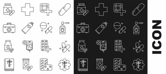 Set line Emergency star medical symbol Caduceus snake with stick, Medical bottle nozzle spray, Pills blister pack, Ointment cream tube medicine, First aid kit, and pills and icon. Vector