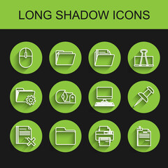 Set line Delete file document, Document folder, Computer mouse, Printer, File and binder clip, Scotch, Push pin and monitor with keyboard icon. Vector