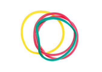 Multi-colored rubber bands isolated on white background.